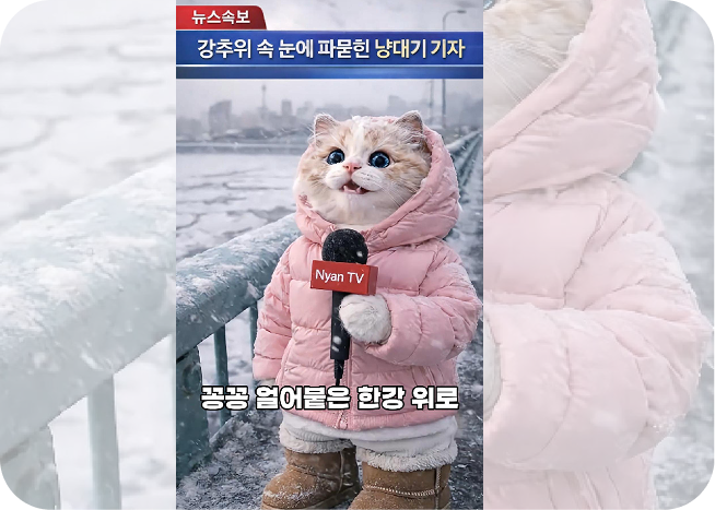 유리원이 AI로 제작한 냥대기 기자 컨셉의 유머 광고 영상